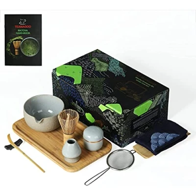 Image of TEANAGOO Matcha Ceremony Set with tray, Japanese Tea Set, Bowl Pouring Spout, Bamboo Whisk, Scoop, Sifter, whisk Holder, stand, Powder Cainister, O2, Dk.Grey