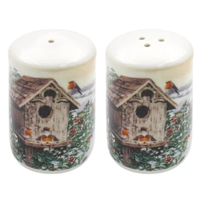 Image of Christmas Salt and Pepper Pots Gift Boxed Fine China Tableware (Snowy Robin 6096)
