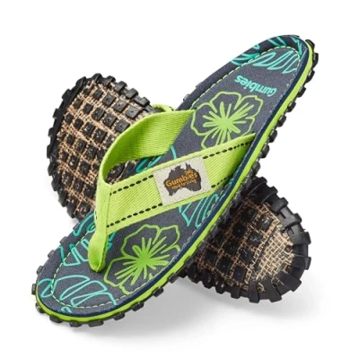 Image of Gumbies Originals Blue Flip Flops Made from Recycled Materials Robust Sole of Car Tyres, Soft Canvas Cotton Footbed, Comfortable Toe Post, Lime Hibiscus, 12 UK