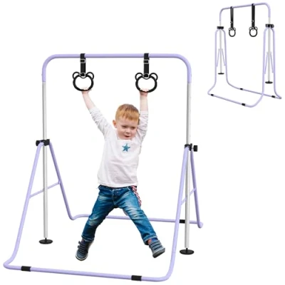 Image of HOMCOM Kids Gymnastics Bar, Horizontal Bar for Kids, Adjustable Height Folding Equipment with Gymnastic Rings, Non Slip Mats, Home, Flat, Purple