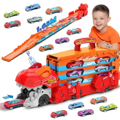 Image of VATOS Toddler Truck Car Toy Ejection Folding Dinosaur Track Toys, Portable with 8 Race Cars, Best Gift Cars Set for Toddlers 3 4 5 6 7 Years Old