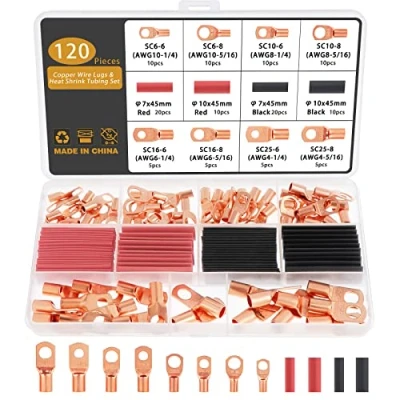 Image of Gueenky 120 Pieces Copper Lugs Terminals Connectors 6/10/16/25mm² 8 Sizes M6 M8 Connector Cable Wire Battery Terminal Crimp Ends Ring SC with Heat Shrink Tube