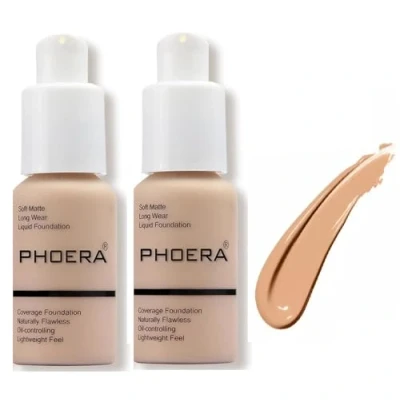 Image of Aquapurity Phoera® Full Coverage Foundation Soft Matte Oil Control Concealer 30ml Long Lasting Flawless Cream Smooth (2PCS 104 BUFF BEIGE)