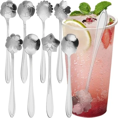 Image of MINGZE 8 Pieces Flower Tea Spoons Set, Tableware Creative Stainless Steel Coffee Spoon Teaspoons, for Parties, Stirring, Mixing, Sugar, Dessert, Jam, Ice Cream (Silver)
