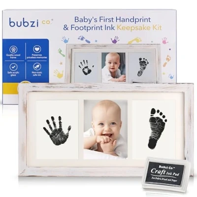 Image of Bubzi Baby Hand &amp; Footprint Kit Keepsake New Mom Gift Print with Ink Pad for Footprints Unique Shower Gifts Parents (White Wash)