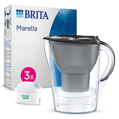 Image of BRITA Marella Water Filter jug Graphite (2.4L) Starter Pack incl. 3x MAXTRA PRO All in 1 cartridge fridge fitting with digital LTI and Flip Lid now sustainable Smart Box packaging