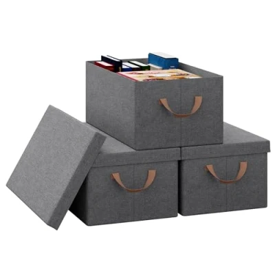 Image of WOLTU Set of 3 Storage Boxes with Lids, Foldable Fabric Basket Under Bed Handles, Toy Box Wardrobe Organiser, Grey, 48x29x20cm
