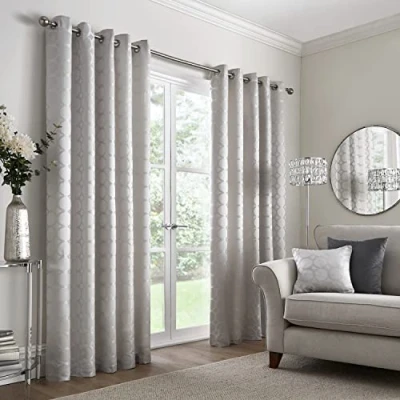 Image of Appletree Boutique Cassina Jacquard Pair of Eyelet Curtains 66&quot; Width x 72&quot; Drop (168 183cm) in Silver