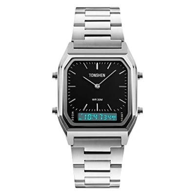 Image of TONSHEN Mens Multifunction Outdoor Sport Watch Waterproof LED Back Light Alarm Stopwatch Analo Quartz Electronic Digital Three Time Stainless Steel Watches (Black)