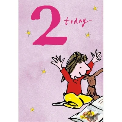 Image of Woodmansterne Girl&#039;s 2nd Birthday Card Happy Age 2 with Quentin Blake Girl and Books Illustrated Design for Children