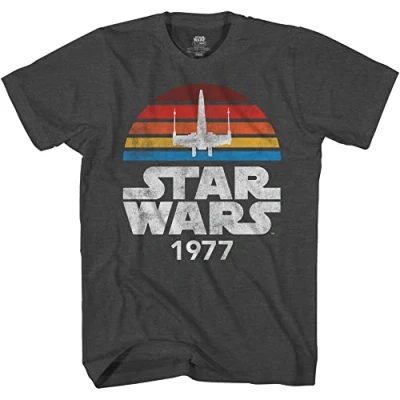 Image of STAR WARS 1977 Logo Rainbow X Wing Men&#039;s Adult T Shirt, Premium Heather Charcoal, XXXXL