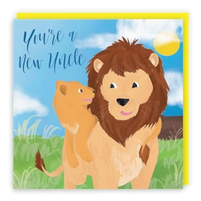 Image of Hunts England New Uncle Congratulations Baby Card Cute Lions Yellow You&#039;re A Boy Girl Niece Nephew Jungle Collection