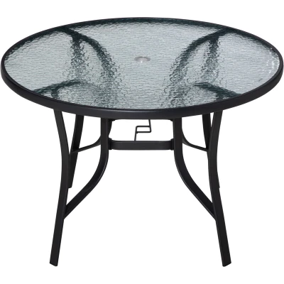 Image of Outsunny 106cm Round Garden Dining Table with Parasol Hole Tempered Glass Top Steel Frame