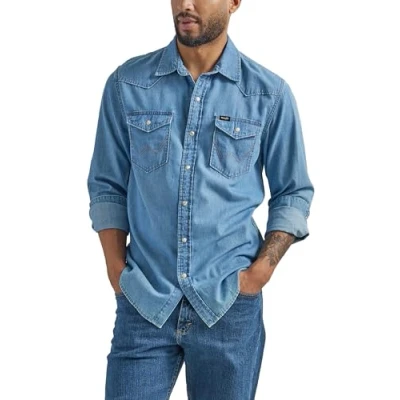Image of Wrangler Men&#039;s Iconic Denim Regular Fit Snap Shirt Button, Lake Wash, S
