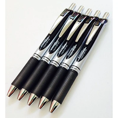 Image of Pentel 5 x BL77 Energel Retractable Ballpoint Pen Black Ink 0.7mm Metal Tip Rubber Handle A