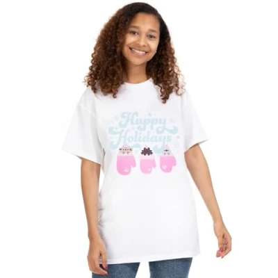 Image of Pusheen Christmas Womens T Shirt Ladies Happy Holidays Short Sleeve Seasonal Graphic Tee for Adults Stormy Pip Cartoon Cats Mittens White Xmas Top Merchandise Gift Her