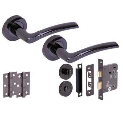 Image of HANDLEZONE® Nemo Door Handles on Rose Bathroom Lock Pack with Ball Bearing Hinges Black Nickel