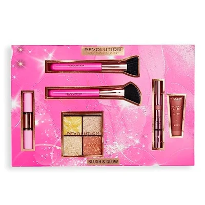 Image of Makeup Revolution Blush &amp; Glow Gift Set, Liquid Blushes, Highlighters 2 Brushes Included