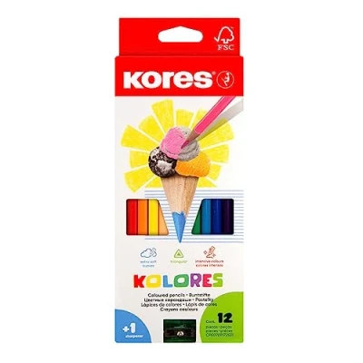 Image of Kores Kolores, 12 Triangular Shape Colouring Pencils Coloured with Soft Lead, Shape, FSC Wood Set of 24 Assorted in Carton Case Sharpener