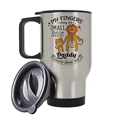 Image of Personalised My Fingers May Be Small but I&#039;ve Got Daddy, Godfather, Grandpa, Any Name Fathers Day Gift from Son or Daughter to Dad, Silver/White Insulated Travel Tea/Coffee Mug. (Silver)