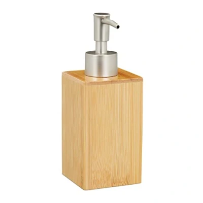 Image of Relaxdays, Refillable, Pump, Bamboo &amp; Plastic, 200 ml, Liquid Soap Dispenser, Bathroom, Natural/Silver, 60% 40%, 1 item