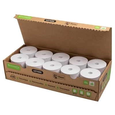 Image of Exacompta Ref 40768E Box of 10 Thermal reels for Receipts Width 80 mm x Diameter 72 mm, 1 ply 48 g/m² Phenol Free, Zero Plastic Waste Meter +/ 2m: 76m