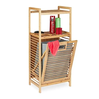 Image of Relaxdays Bathroom Shelf with Laundry Basket, Natural/Grey, 95x40x30 cm