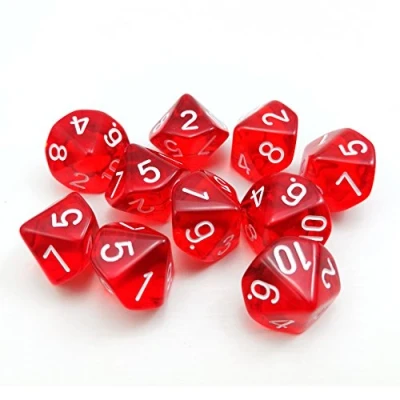 Image of Bescon Polyhedral 10 Sides Dice with Number 1 10,Red Transparent Sided Dice, Cube 10, 10pcs Set