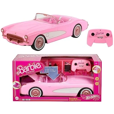 Image of Hot Wheels RC Barbie Corvette, Battery Operated Remote Control Toy Car from The Movie, Holds 2 Dolls, Trunk Opens for Storage, HPW40