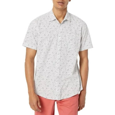 Image of Amazon Essentials Men&#039;s Regular Fit Short Sleeve Print Shirt, Black White Geo Print, XL