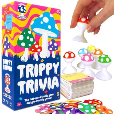 Image of Exciting Trippy Trivia Game Family Card 12+ Year Olds, 2 6 Players Mushroom Themed Board with 125 Diverse Questions Party For Kids and Adults, Games Night, Birthday Gifts