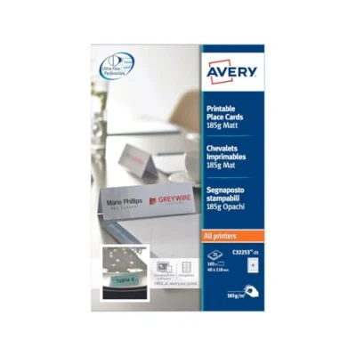 Image of Avery Printable Place Cards, Double Sided Micro Perforated, All Printers, 110 X 40 mm, 4 Cards Per Sheet, 100 Pack 185gsm, White