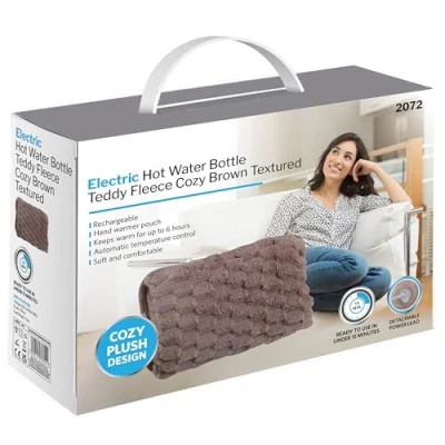 Image of 1 Pack Rechargeable Electric Hot Water Bottle Ultra Plush Teddy Bed Hand Warmer Massaging Heat Pad Cozy Pain Relief Fast Heating Auto Shut Off Function Over Protection Brown Textured