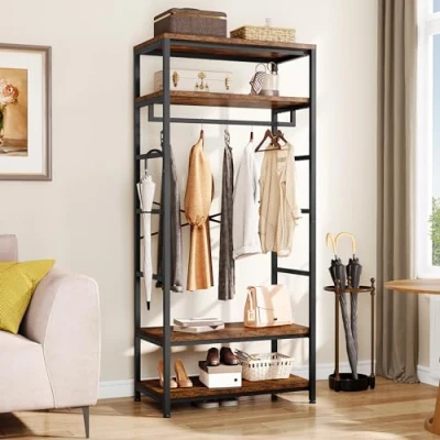 Image of YITAHOME Coat Rack Stand with Shoe Storage, Floorstanding Hall Tree 2 Shelves Industrial Clothes Rail Garment Clothing Storage Shelving Unit for Entryway Hallway Living Room, Rustic Brown