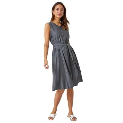 Image of Roman Originals Sleeveless Belted Cotton Dress for Women UK Ladies Everyday Holiday Spring Summer Round Neckline Comfy Soft Evening Vacation Work Party Dark Grey Size 20