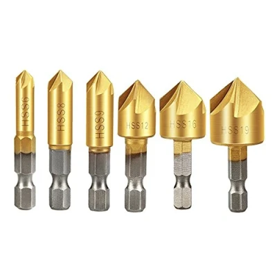 Image of Countersink Drill Bit, APLUS Bit Set 6 Pcs 1/4&#039;&#039; Hex Shank HSS 5 Flute 90 Degree Center Punch Tool Sets For Wood Quick Change 6mm 19mm