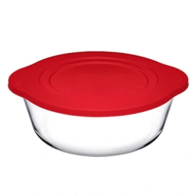 Image of Casserole Dish with Red Plastic Lid 74oz / 2.1ltr Single Glass Oven Proof