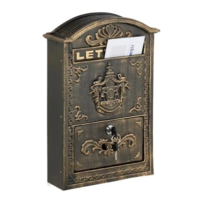 Image of Relaxdays Letterbox in Vintage Design, Ornate Postbox, 42 x 28 10 cm, Mailbox with A4 Letter Slot, 2 Keys, Bronze/Gold