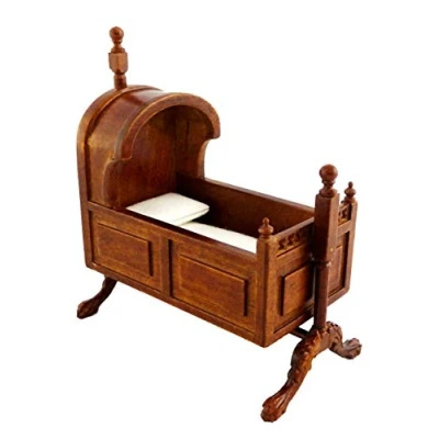 Image of Melody Jane Dolls House Walnut Tudor Hooded Rocking Cradle Cot Crib JBM Nursery Furniture