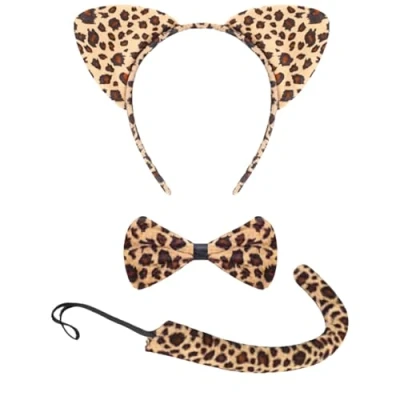 Image of Lizzy Ladies LEOPARD Halloween Fancy Dress Girls Wild Cat Tutu Costume Skirt Gloves 3 Pcs Accessory Set (Ears Headband + Tail Bow)