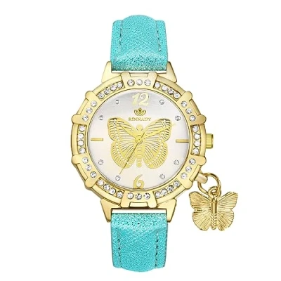 Image of JewelryWe Leather Wrist Watch for Women Round Analog Quartz Stylish Bling Rhinestones Butterfly Dress Xmas