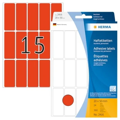 Image of HERMA Multi Purpose Labels, 15 Labels per Sheet, 24 Sheets, 20 x 50 mm, 360 Self Adhesive Small Stickers, Blank Sticky for Office Kitchen Home, Luminous Red
