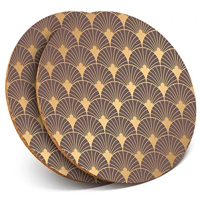 Image of 2 x MDF Glossy Top Coasters Round Gold Art Deco Pattern Vintage Retro 12761