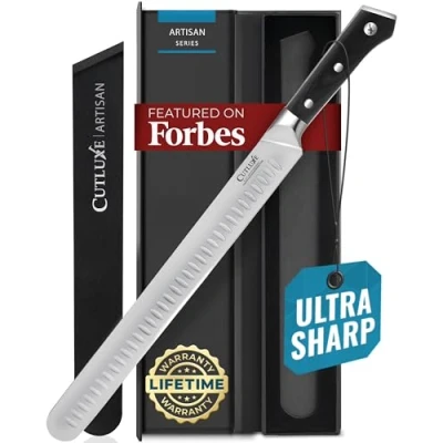 Image of Cutluxe Slicing Carving Knife 12&quot; Brisket Knife, Meat Cutting and BBQ Razor Sharp German Steel, Sheath Included, Full Tang, Ergonomic Handle Design Artisan Series
