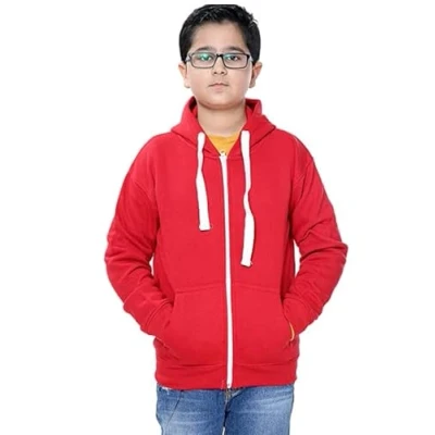 Image of Kids Boys &amp; Girls Unisex Plain Hoodie Zipper Fleece Top Age 7 to 13 Years (Red, 13)