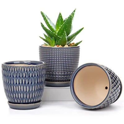 Image of Oairse 3PCS Plant Pots Indoor Ceramic Flower Round Garden Planters with Saucer Tray + Drainage Holes, Succulent Pot/Cactus Pot, 11CM