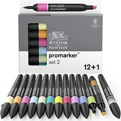 Image of Winsor &amp; Newton, Promarker, Essential Colours II, Set of 12+1 Blender, Alcohol Based Dual Tip Markers
