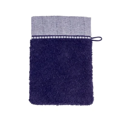 Image of Möve Brooklyn Plain Wash Mitt with Herringbone Border 15 x 20 cm 85% Cotton / 10% Viscose 5% Linen Deep Sea