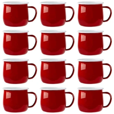 Image of Argon Tableware Coloured Coffee Mugs 375ml Pack of 12 Red Tea Metal Insulated Enamel Lightweight Camping Belly Latte Mug Hot Chocolate