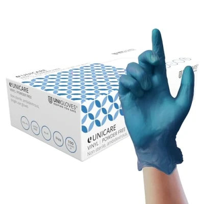 Image of Unigloves Unicare Blue Vinyl Examination Gloves Multipurpose, Powder and Latex Free Disposable Box of 100 Gloves, Blue, Extra Large (GS0085)